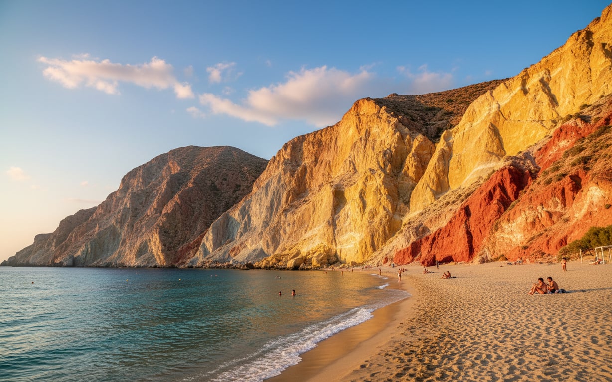 Faleze colorate în nuanțe de galben și roșu la plaja Firiplaka din Milos