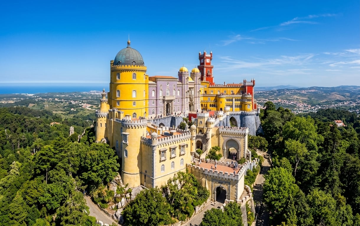 Palatul Pena din Sintra cu fațadele sale colorate în galben, roz și violet pe fundalul cerului albastru
