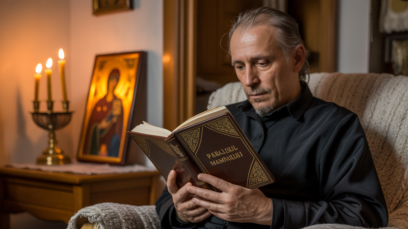 Credincios ortodox citind Paraclisul Maicii Domnului acasă, lumânare aprinsă