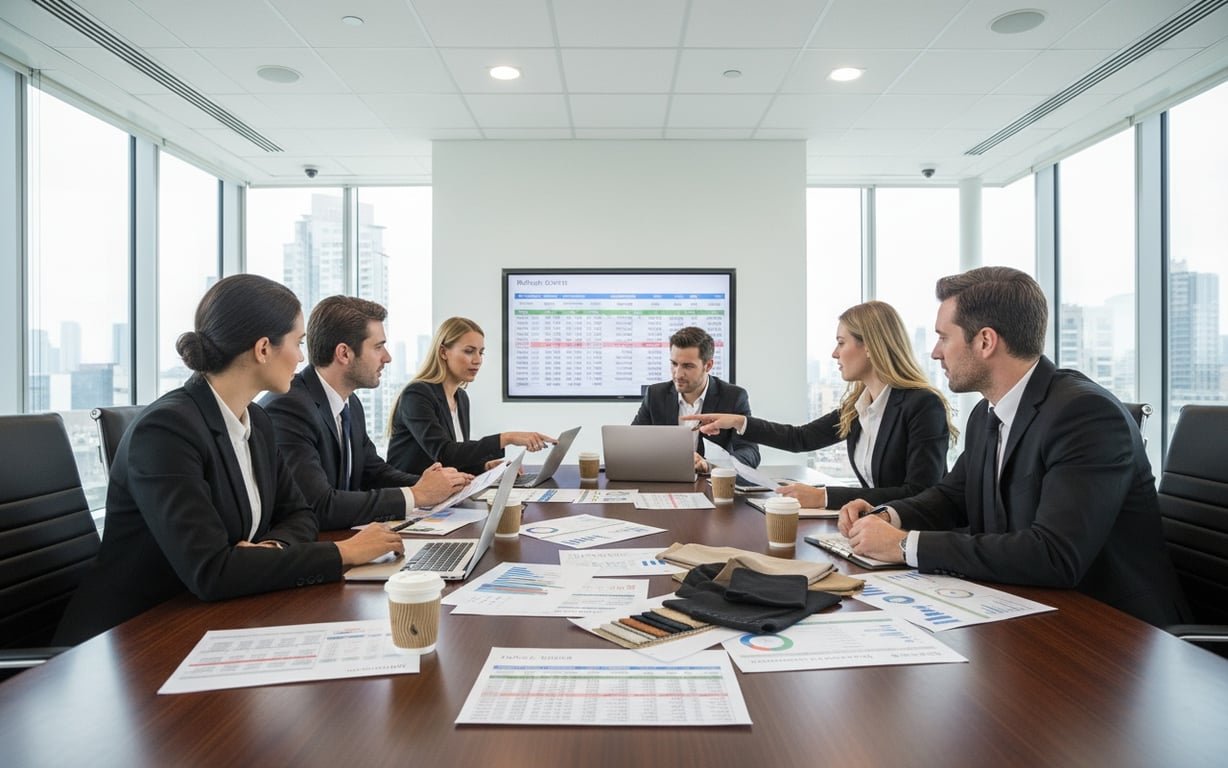 Business professionals negotiating overstock apparel pricing in modern conference room