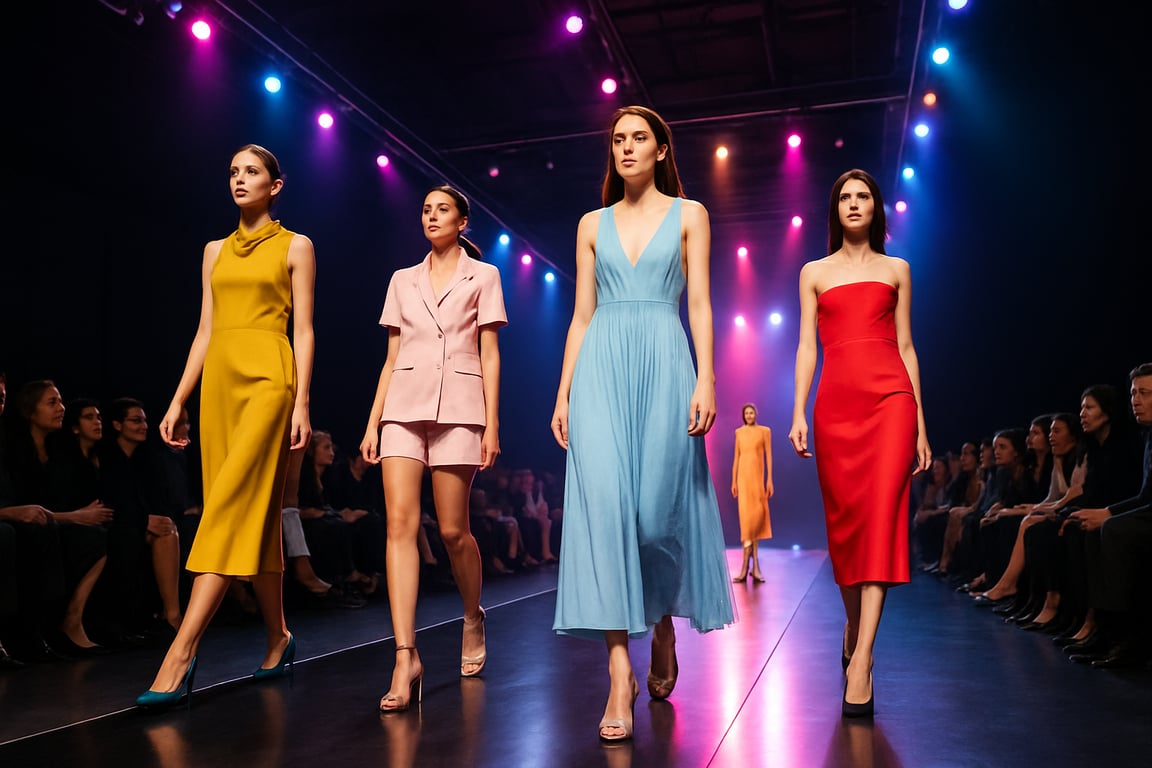 A photorealistic shot capturing a fashion runway show with models showcasing the latest designs, vibrant lighting highlighting the clothing details, audience members observing attentively, capturing the energy and excitement of the event, emphasizing the role of runway shows in identifying emerging trends, shot from a low angle to emphasize the height and drama of the runway.