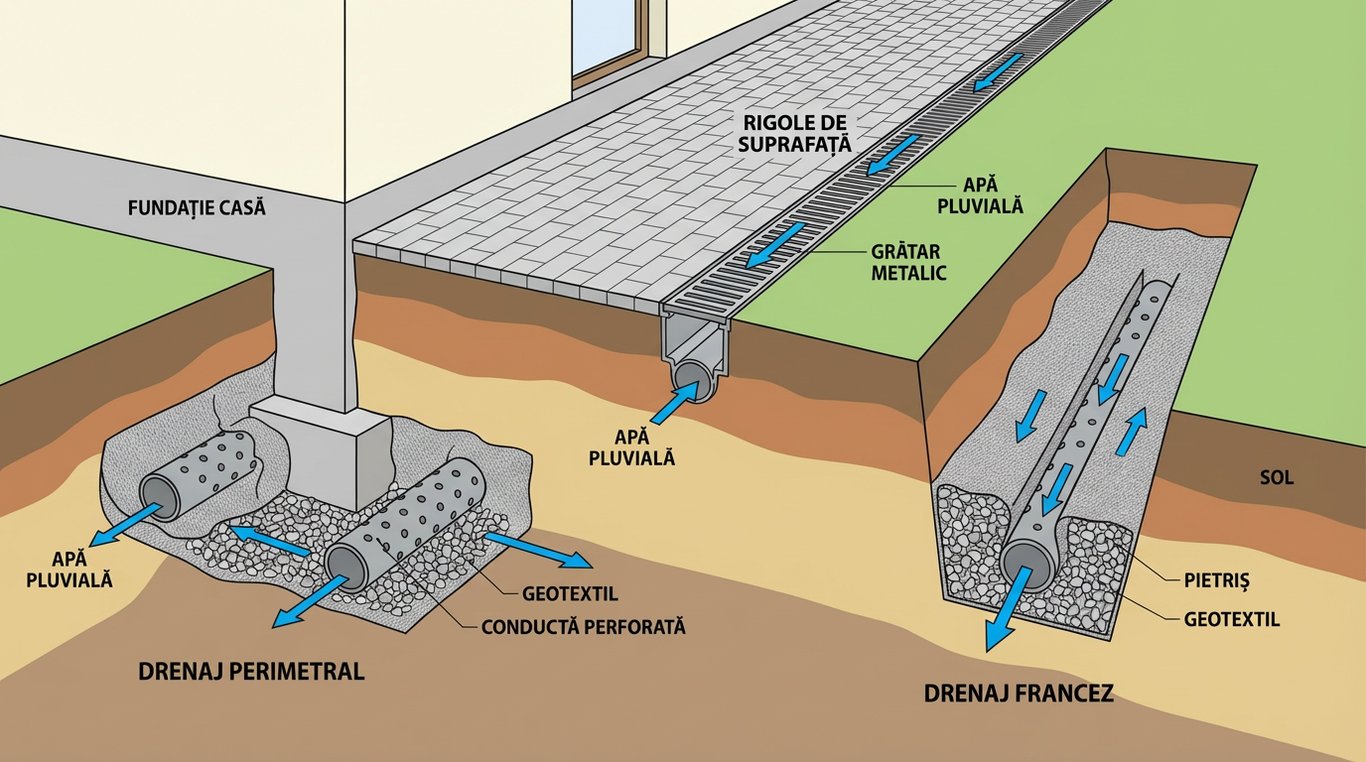 Diagramă tehnică ilustrând tipurile principale de sisteme de drenaj pentru grădină