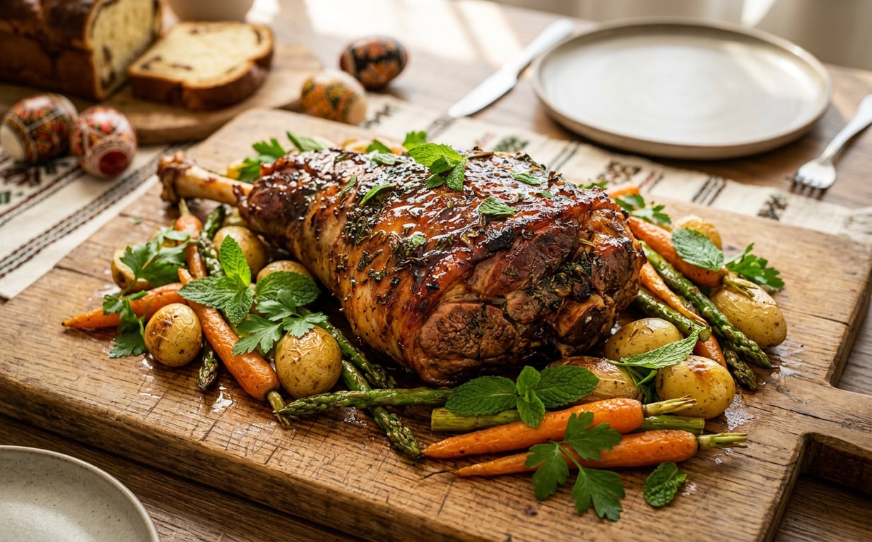 Friptură de miel marinată cu condimente orientale și glazură picantă pe platou rustic