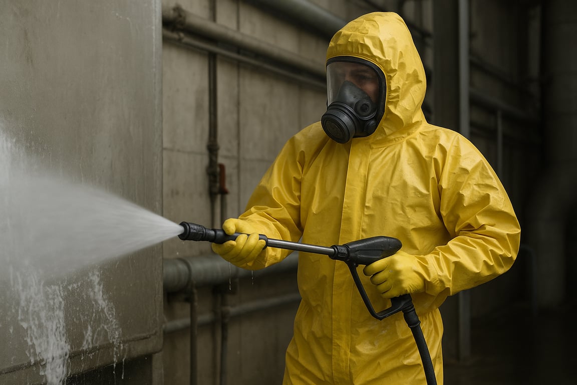 A photorealistic shot capturing a worker wearing a Type 3 chemical protective suit, using a high-pressure washer to decontaminate a surface in an industrial setting, with visible water jets and chemical residue being washed away, emphasizing the suit's protective capabilities, photographed with high clarity and detail.