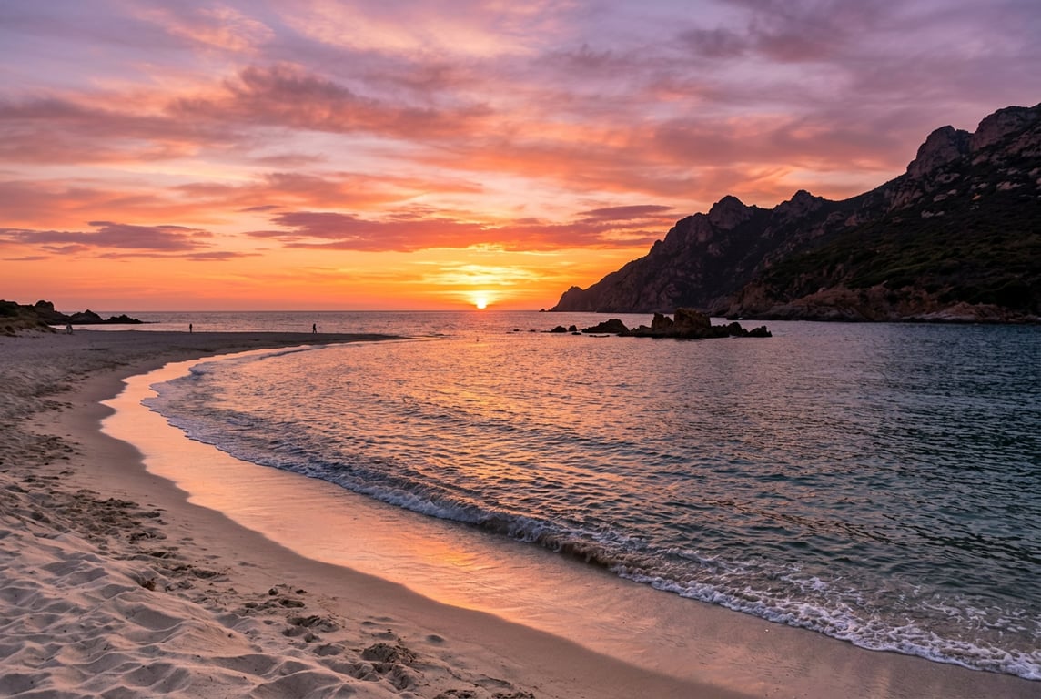 Apus spectaculos pe plaja Cupabia cu cer portocaliu-roz reflectat în Marea Mediterană