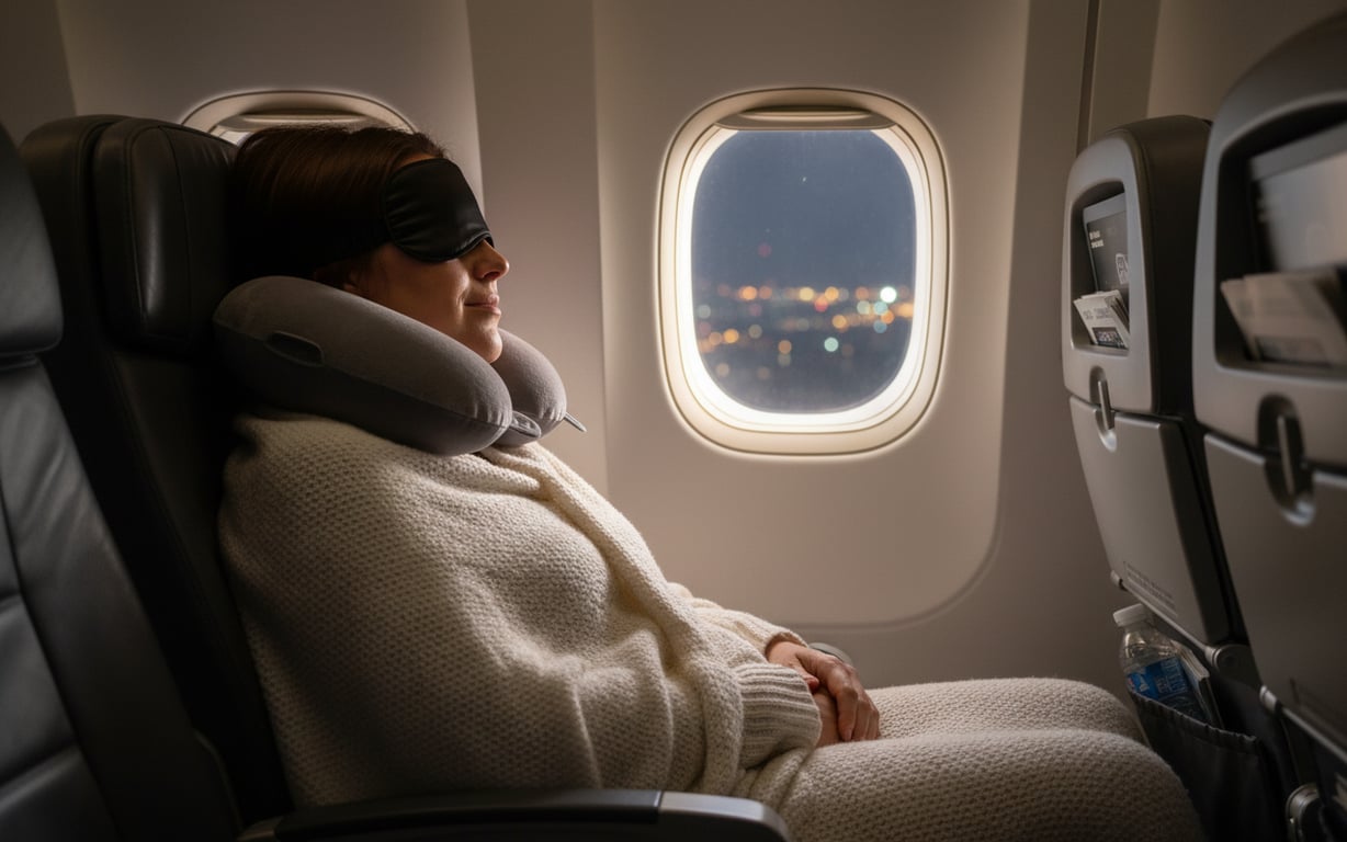 Pasager care doarme la geam cu pernă cervicală și mască de ochi în avion