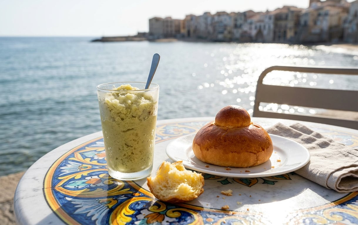 Granita siciliană cu brioche tuppo pentru micul dejun tradițional