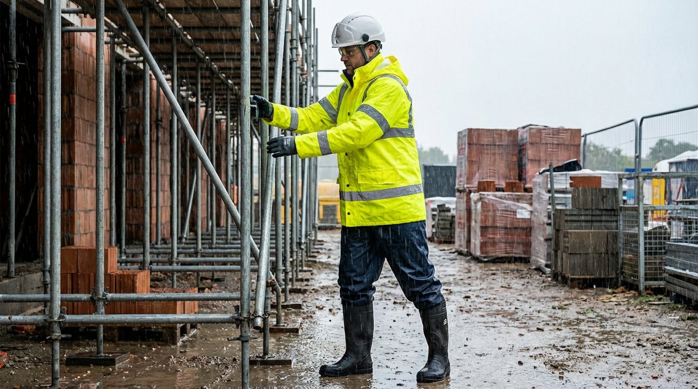 Muncitor pe santier echipat complet cu imbracaminte impermeabila, cizme si accesorii de protectie