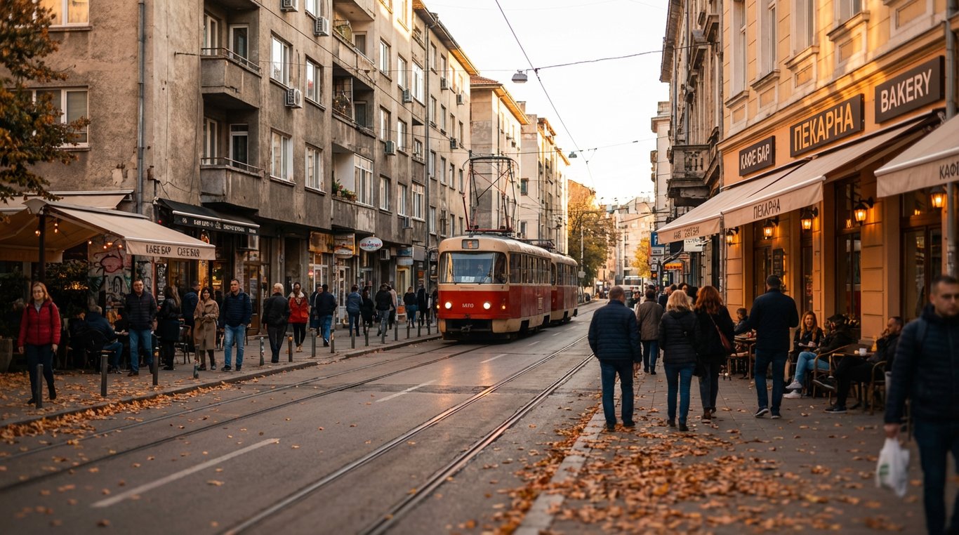 Stradă est-europeană cu tramvai roșu, blocuri și cafenele moderne, semne în chirilică.