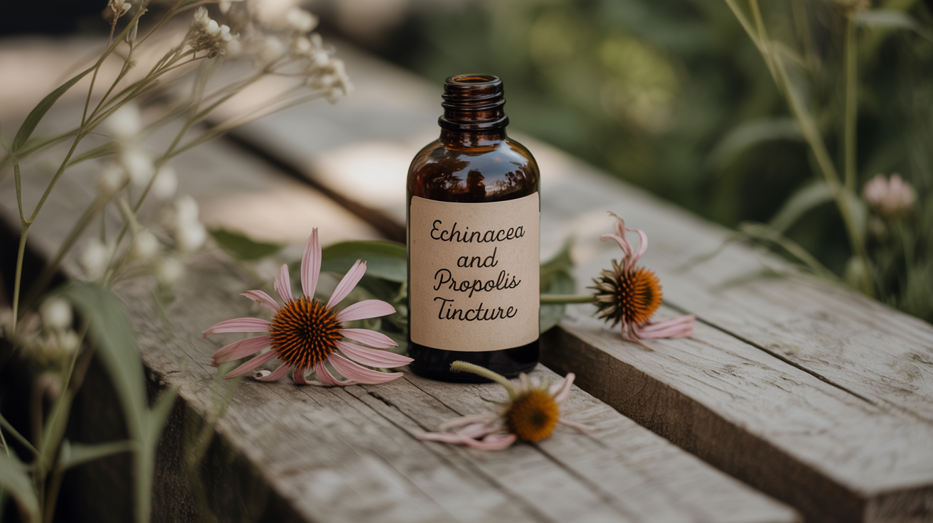 Sticlă cu tinctură de echinaceea și propolis, fundal natural