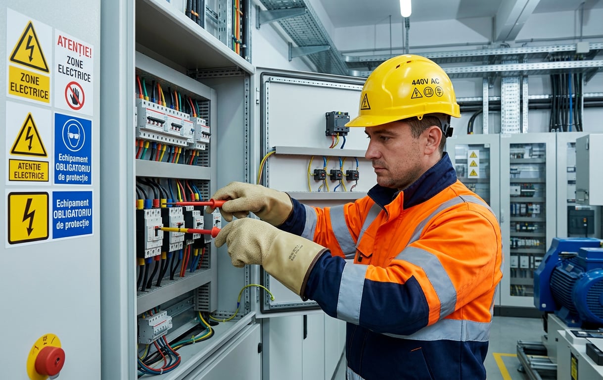 Electrician purtand casca electroizolanta certificata lucrand la instalatie electrica sub tensiune