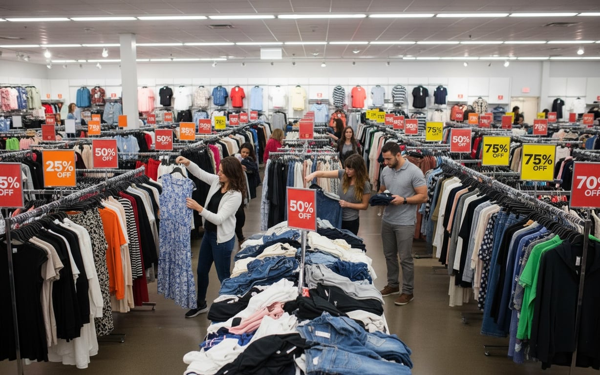 Retail clearance sale with tiered pricing strategy displayed on clothing racks