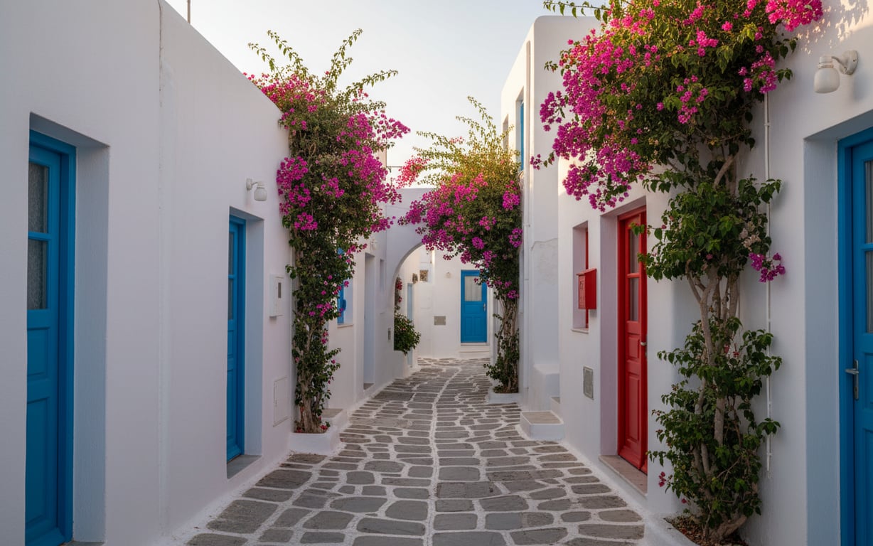 Străduțe înguste albe din Mykonos Chora cu uși colorate și flori