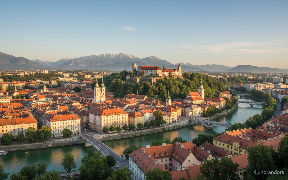 Castelul Ljubljana pe deal cu panorama orașului și râul Ljubljanica