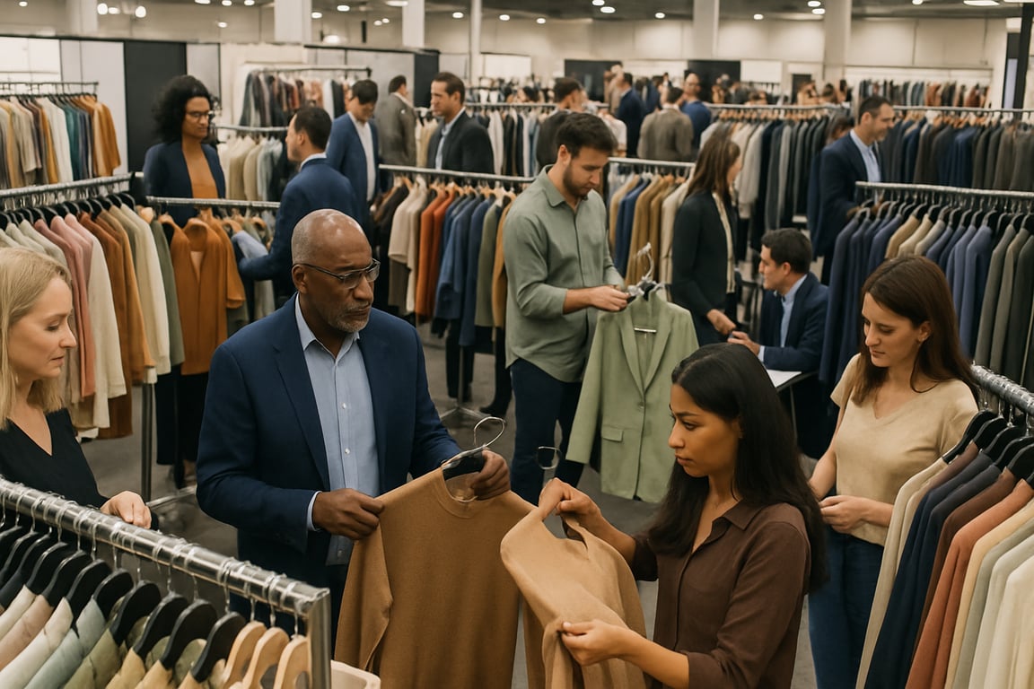 A photorealistic shot capturing a clothing trade show with diverse vendors displaying their latest collections, buyers examining garments, and a general atmosphere of networking and deal-making, reflecting the vibrant and competitive nature of the wholesale clothing market.
