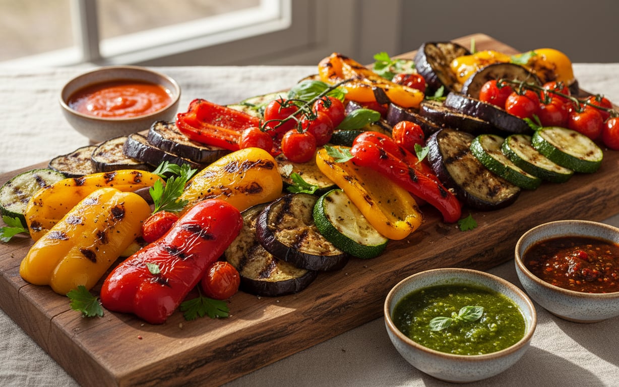 Legume colorate la grătar cu sosuri iuți vegetariene