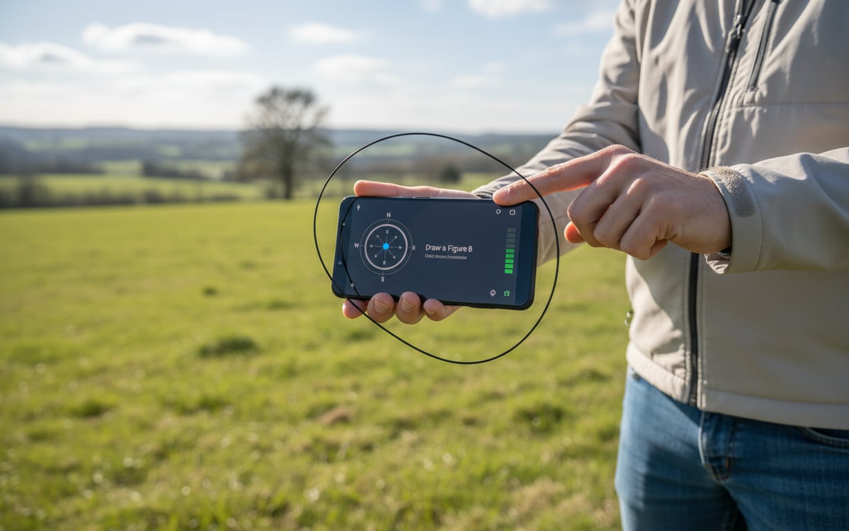 Mână ținând telefon Android în aer liber pentru calibrare GPS busolă