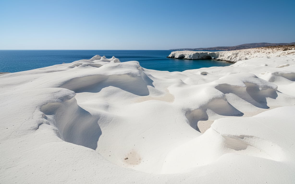 Peisaj lunar alb din Sarakiniko Milos cu formațiuni de lavă și mare albastră