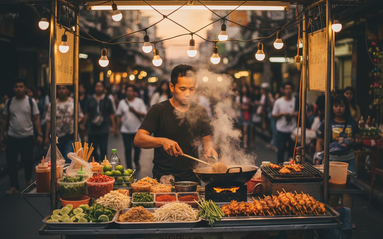 Tarabă de street food thailandez cu wok fumegând și preparate colorate expuse pe stradă