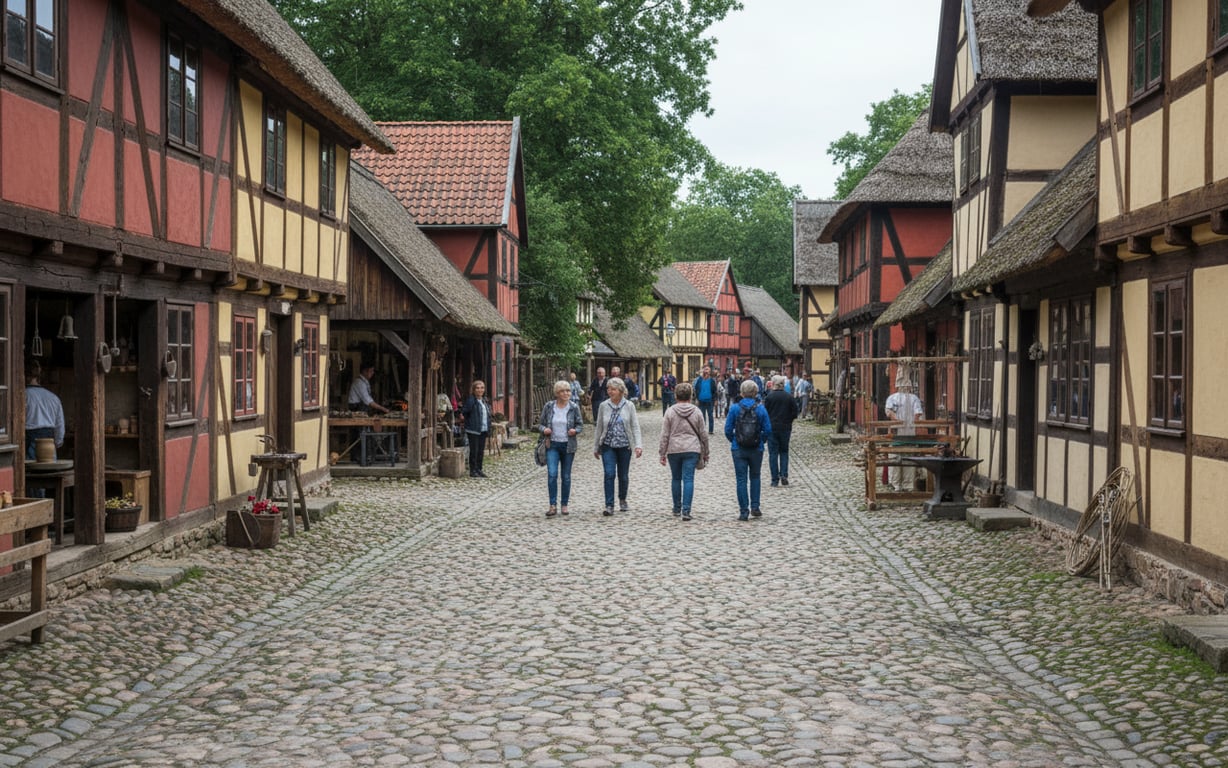Case istorice din lemn și piatră cubică pe o stradă din satul muzeal Den Gamle By din Aarhus