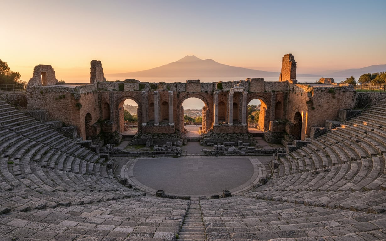Teatrul grec antic din Taormina cu vedere spre vulcanul Etna