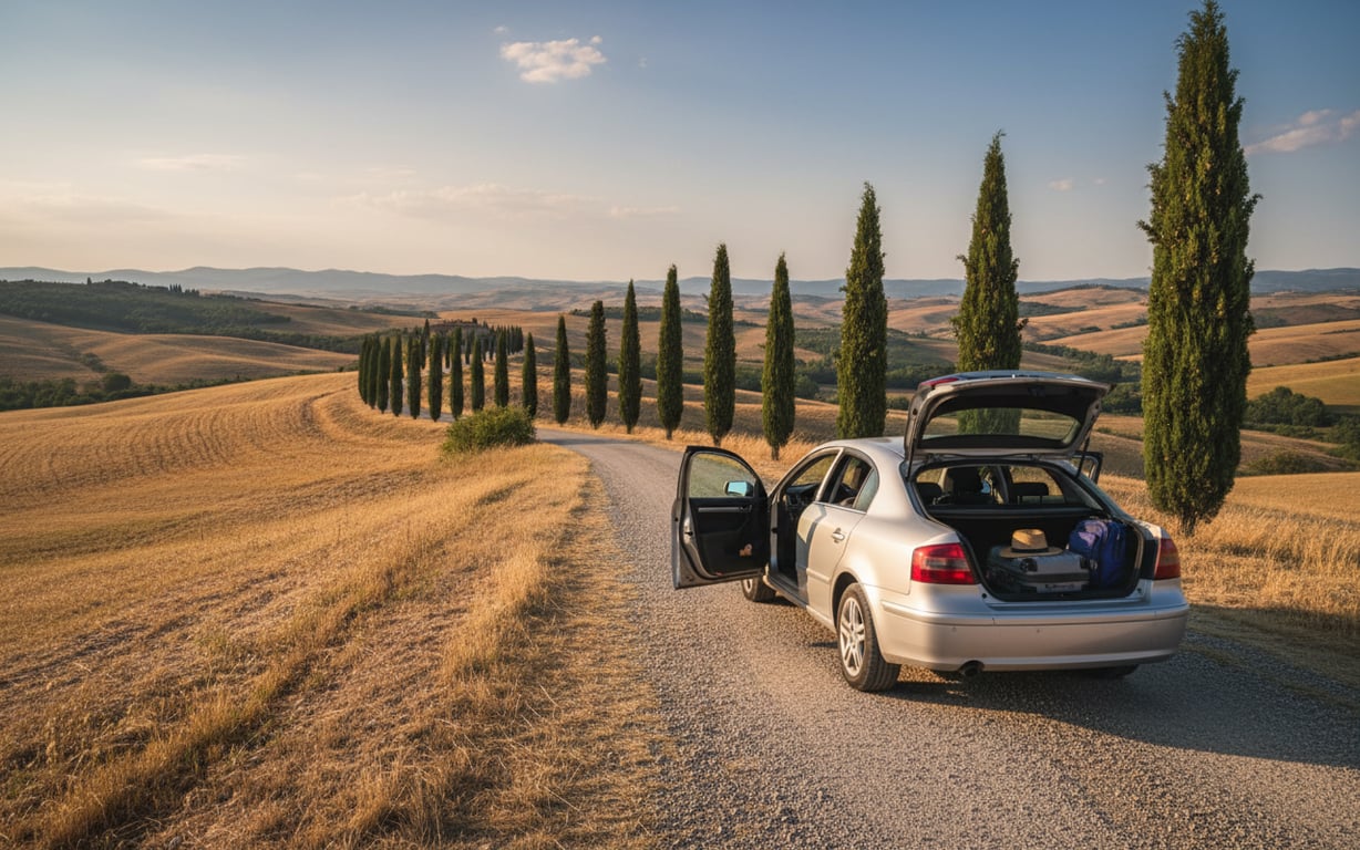 Mașină parcată pe un drum de țară din Val d'Orcia, cu dealuri toscane în fundal