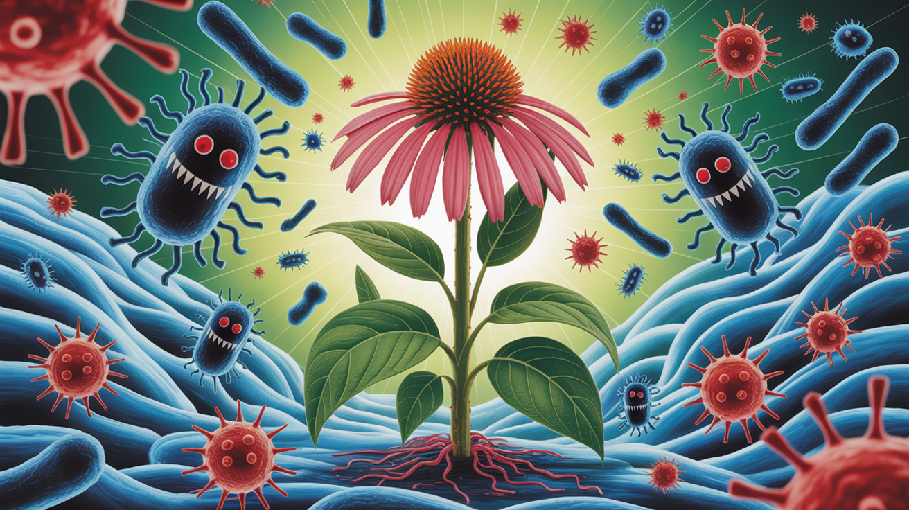 Ilustrație conceptuală: Echinaceea luptând cu viruși și bacterii