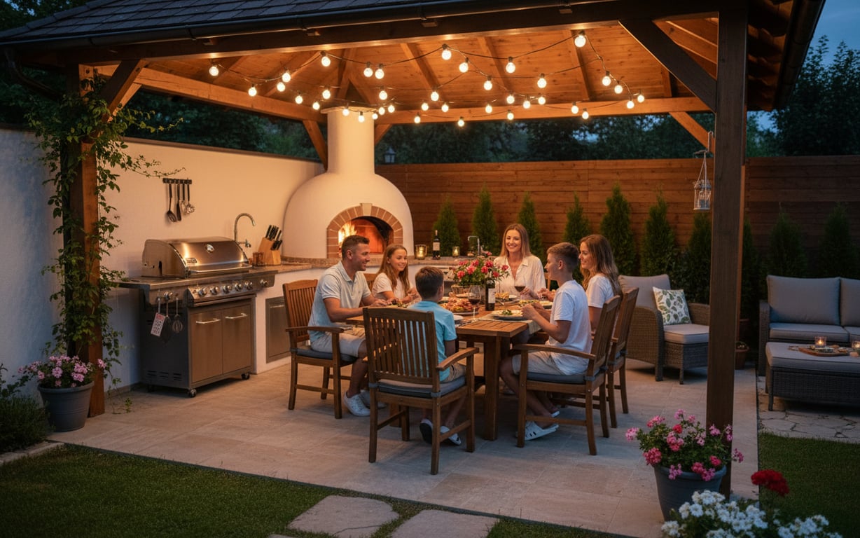 Familie petrecând timp în bucătăria de vară amenajată complet