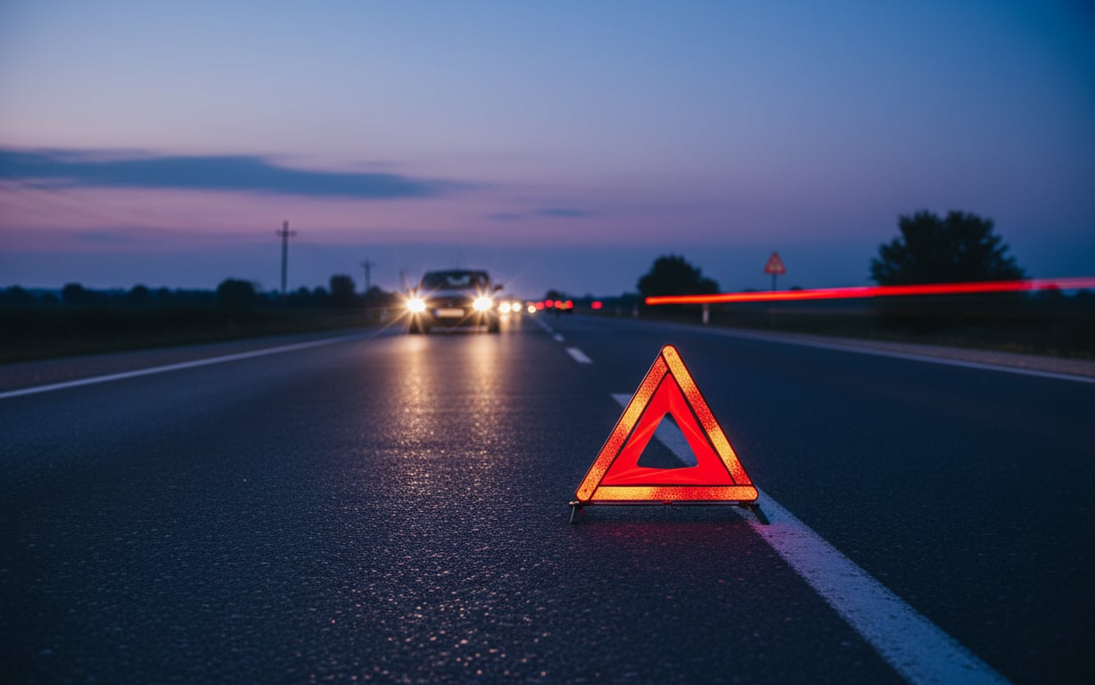 Triunghi reflectorizant amplasat corect pe marginea drumului la distanta sigura de vehiculul imobilizat pe timp de noapte