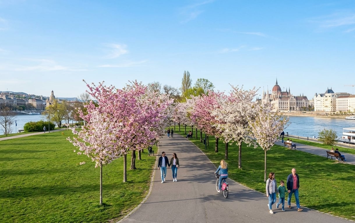 Parcul Budapestei în primăvară cu flori înflorite și turiști plimbându-se