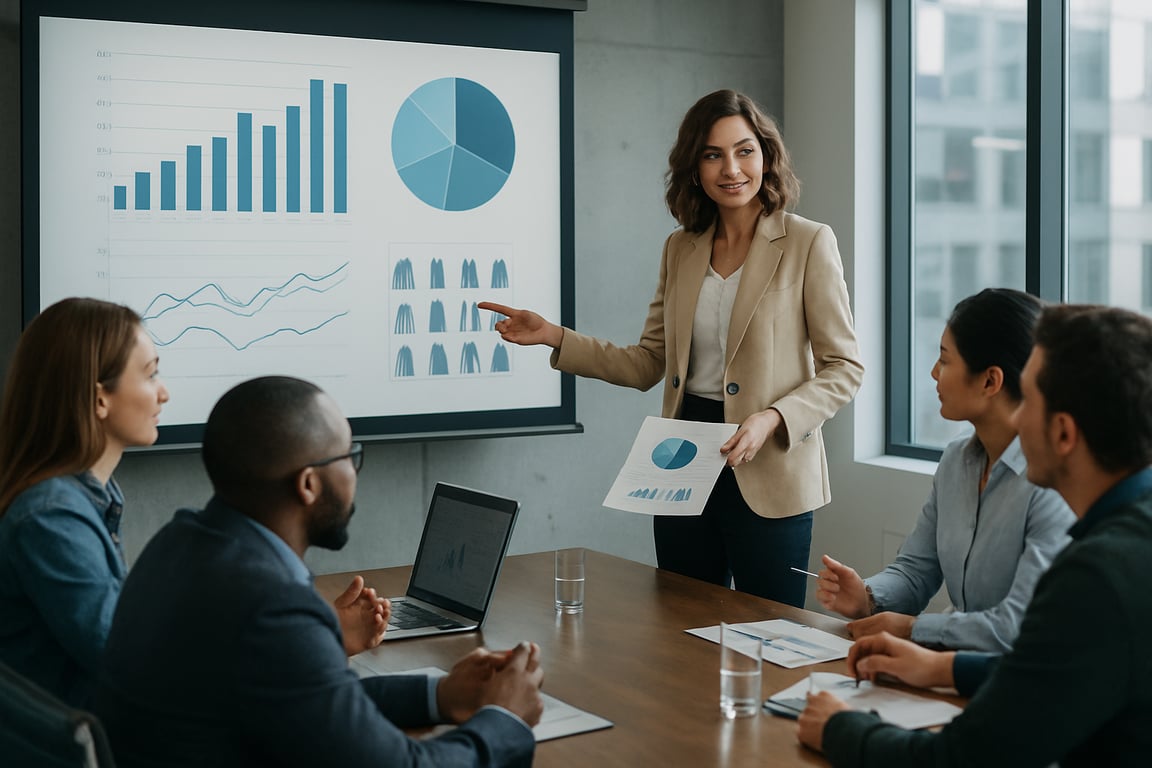 A photorealistic shot capturing a fashion retail executive presenting data-driven insights to a team in a modern conference room. The presentation includes charts and graphs projected on a screen, with team members actively engaged in discussion. The scene emphasizes the implementation of fashion analytics for business growth, showcasing the use of data to inform strategic decisions and drive positive outcomes.