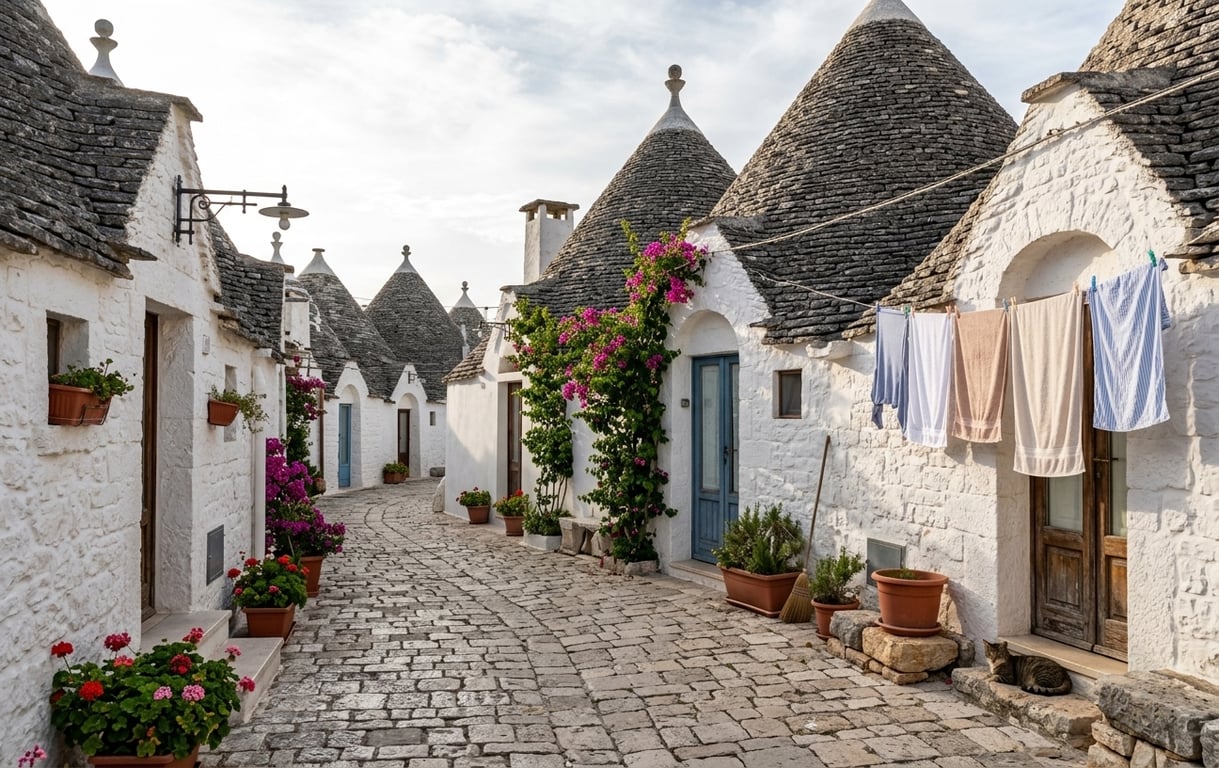Stradă liniștită cu trulli albe în cartierul rezidențial Aia Piccola din Alberobello