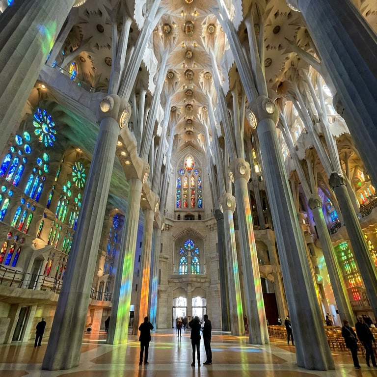 Interiorul Sagrada Familia cu vitralii colorate proiectând lumină multicoloră pe coloane albe