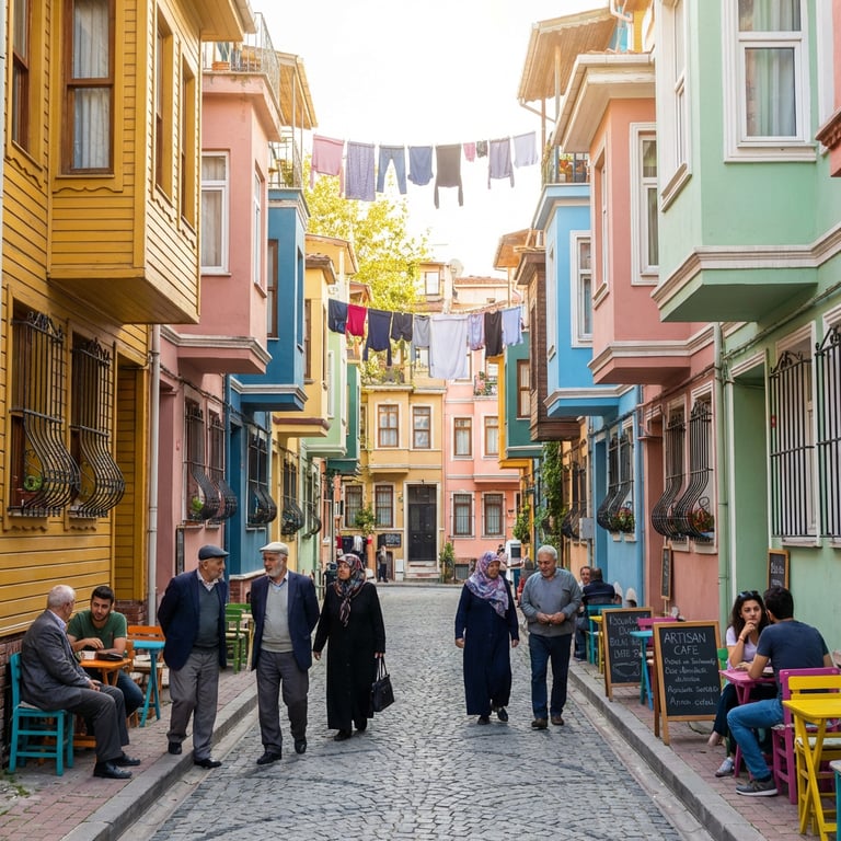 Cartierul colorat Balat cu case tradiționale în nuanțe vii și străzi înguste pavate