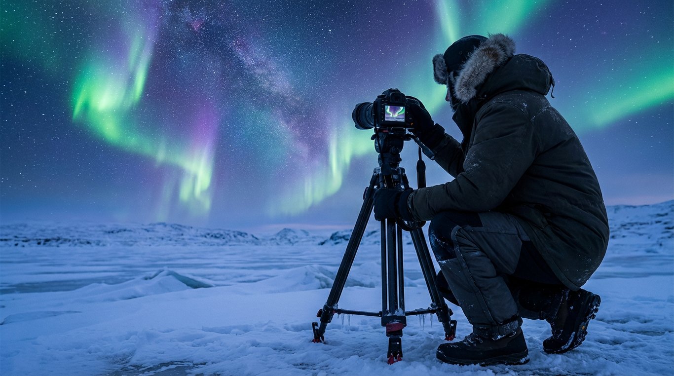 Fotograf cu trepied fotografiind aurora boreală pe peisaj arctic înzăpezit sub cer înstelat