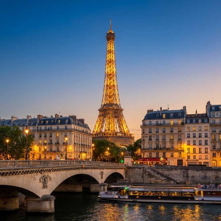 Turnul Eiffel iluminat la apus cu Sena în prim-plan și arhitectura pariziană clasică