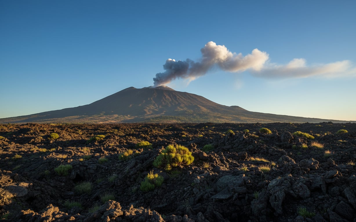 Vulcanul Etna cu crater fumegând și peisaj lava solidificată Sicilia