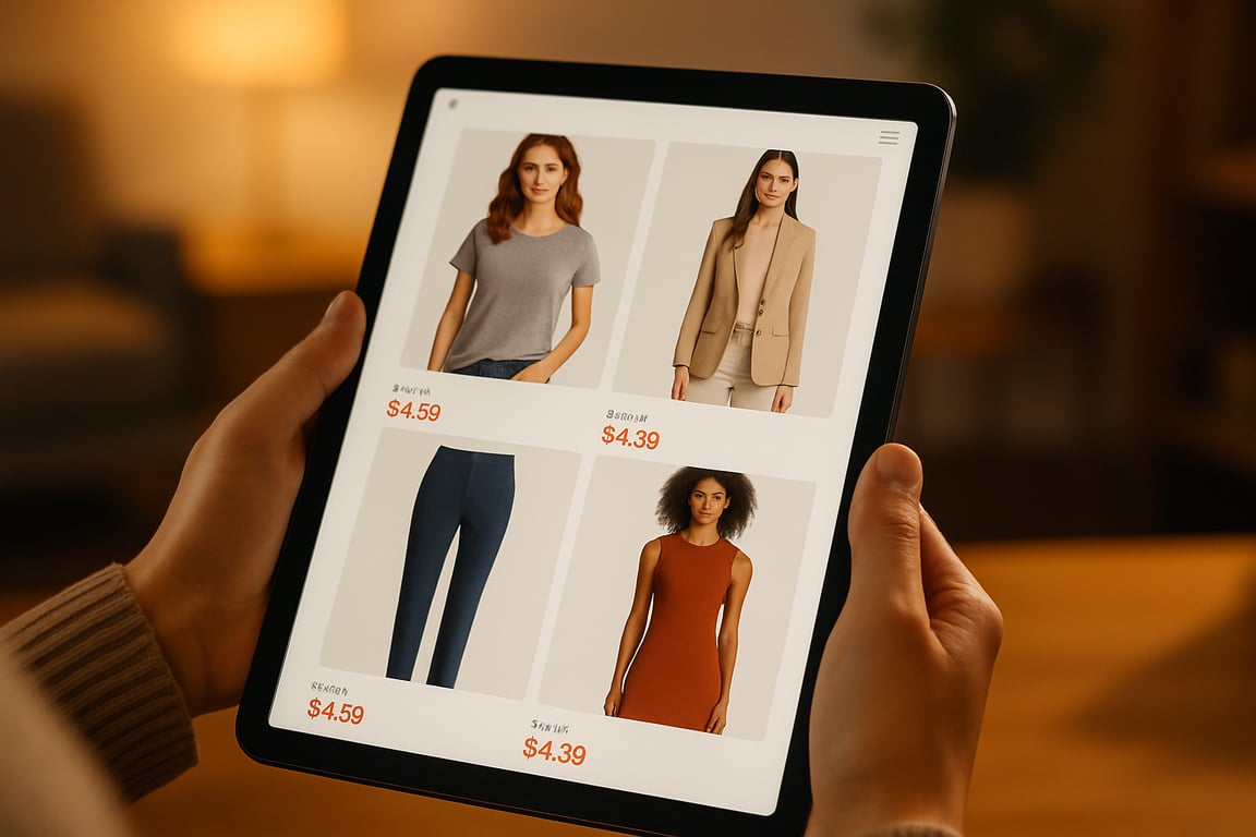 A person using a tablet to browse an online clothing store featuring discounted items, focusing on the user interface of the online store with clear product images, sale prices, and easy navigation, warm indoor lighting, capturing the convenience of online shopping and the appeal of discounted fashion.