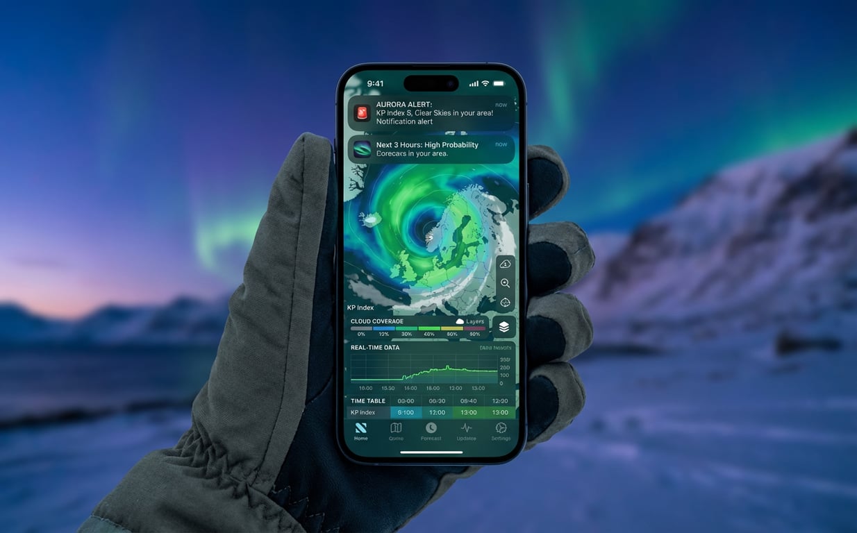 Interfață aplicație mobilă prognoză aurora boreală cu hartă KP index și alertă notificare