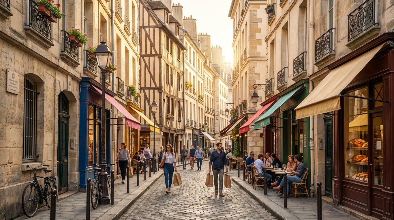 Stradă pitorească din cartierul Le Marais cu cafenele tradiționale și arhitectură medievală