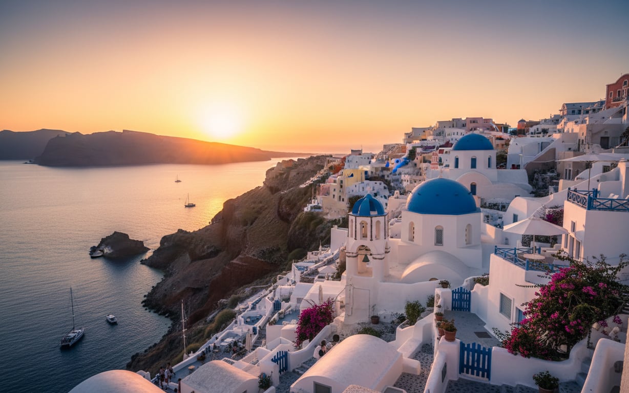 Apus de soare spectaculos în Oia Santorini cu case albe și cupolă albastră