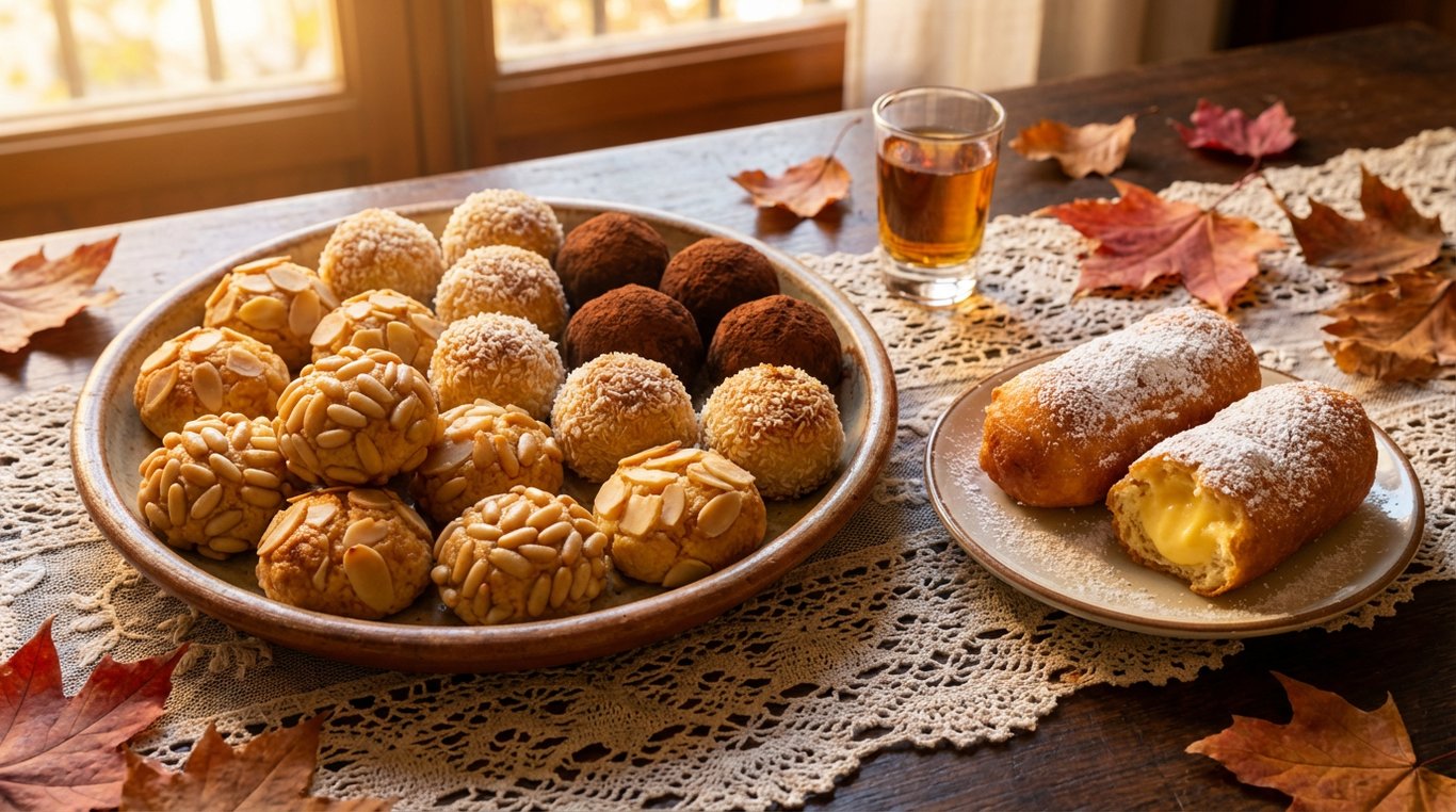 Panellets tradiționale catalane cu migdale și xuixo prăjit cu cremă pentru Ziua Tuturor Sfinților
