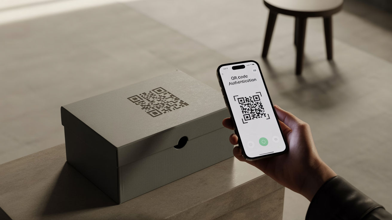 Smartphone scanning QR code on a shoe box for authentication purposes