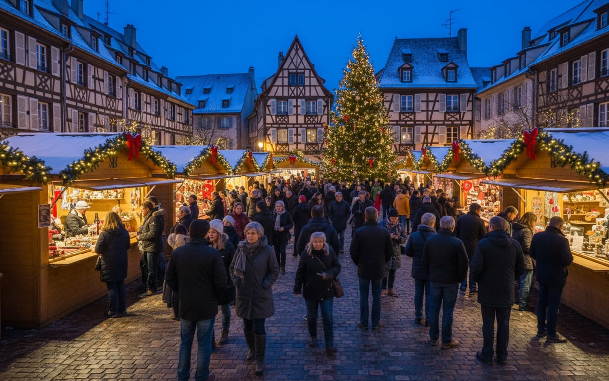 Târgul de Crăciun din Colmar cu chalet-uri decorate și lumini calde