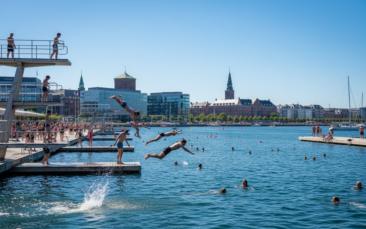 Oameni înotând în portul Copenhagăi la Islands Brygge vara