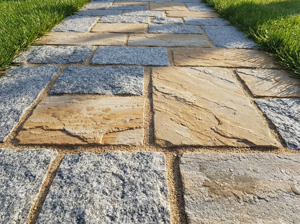 Pavaj din piatră naturală granit și sandstone montate pe alee de grădină rezidențială