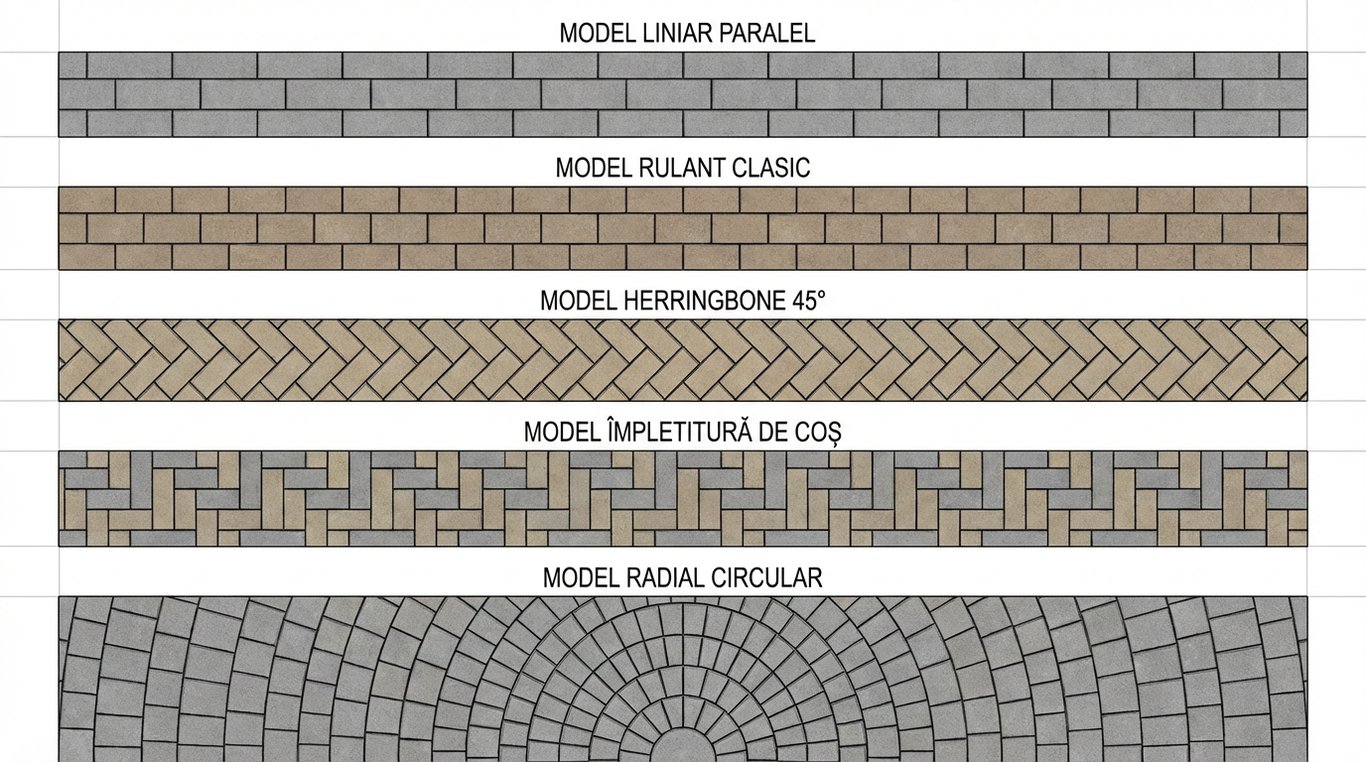 Diagrame ilustrative ale principalelor modele de așezare a pavelelor: liniar, herringbone, basket weave și radial