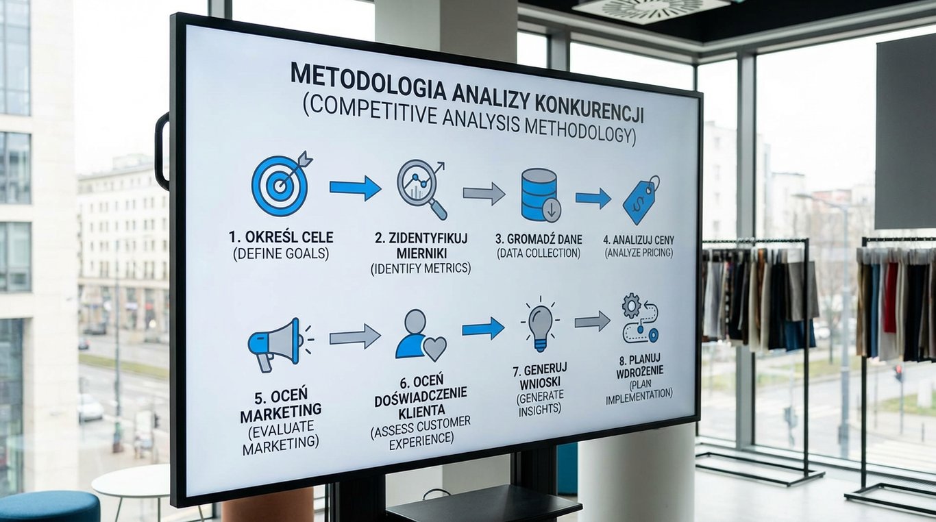 Schemat metodologii analizy konkurencji z krokami od definicji celów do wdrożenia działań