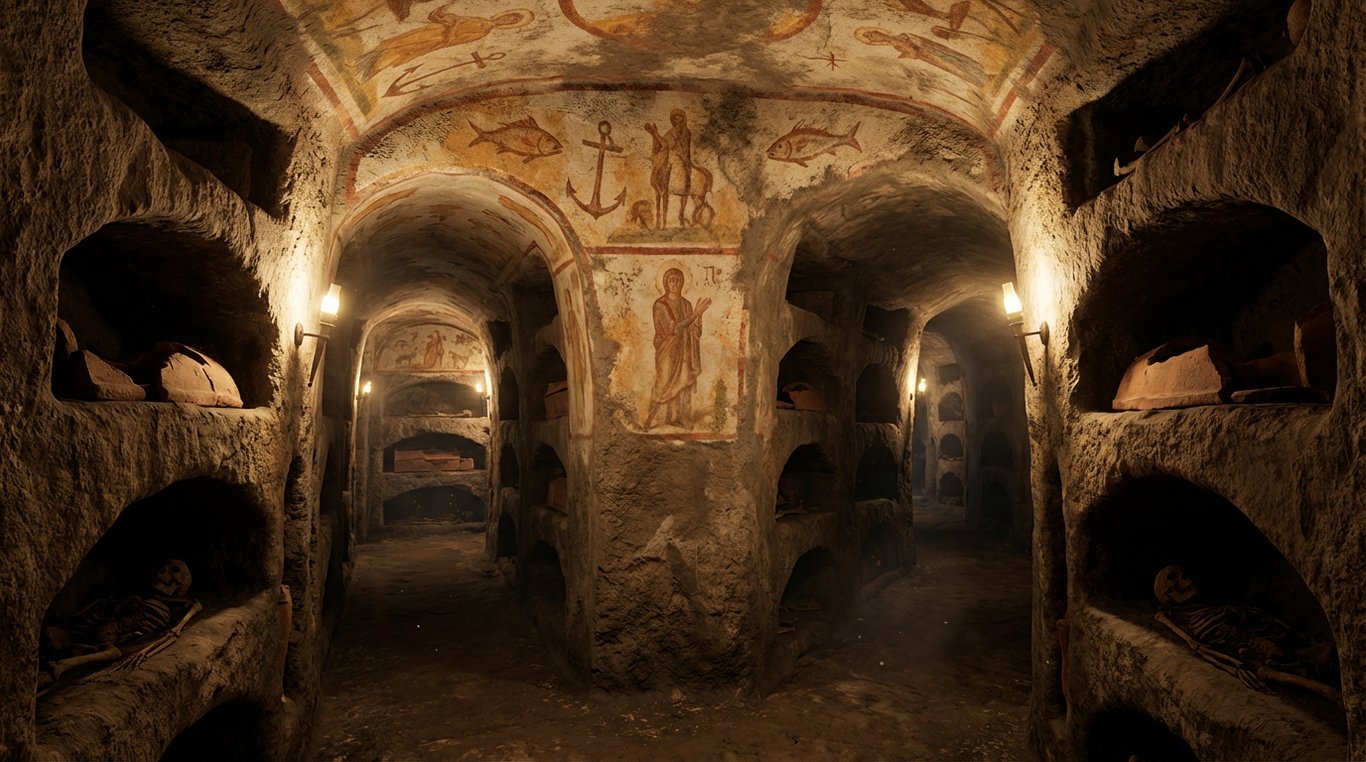 Tuneluri subterane din catacombele creștine romane cu fresce antice pe pereți
