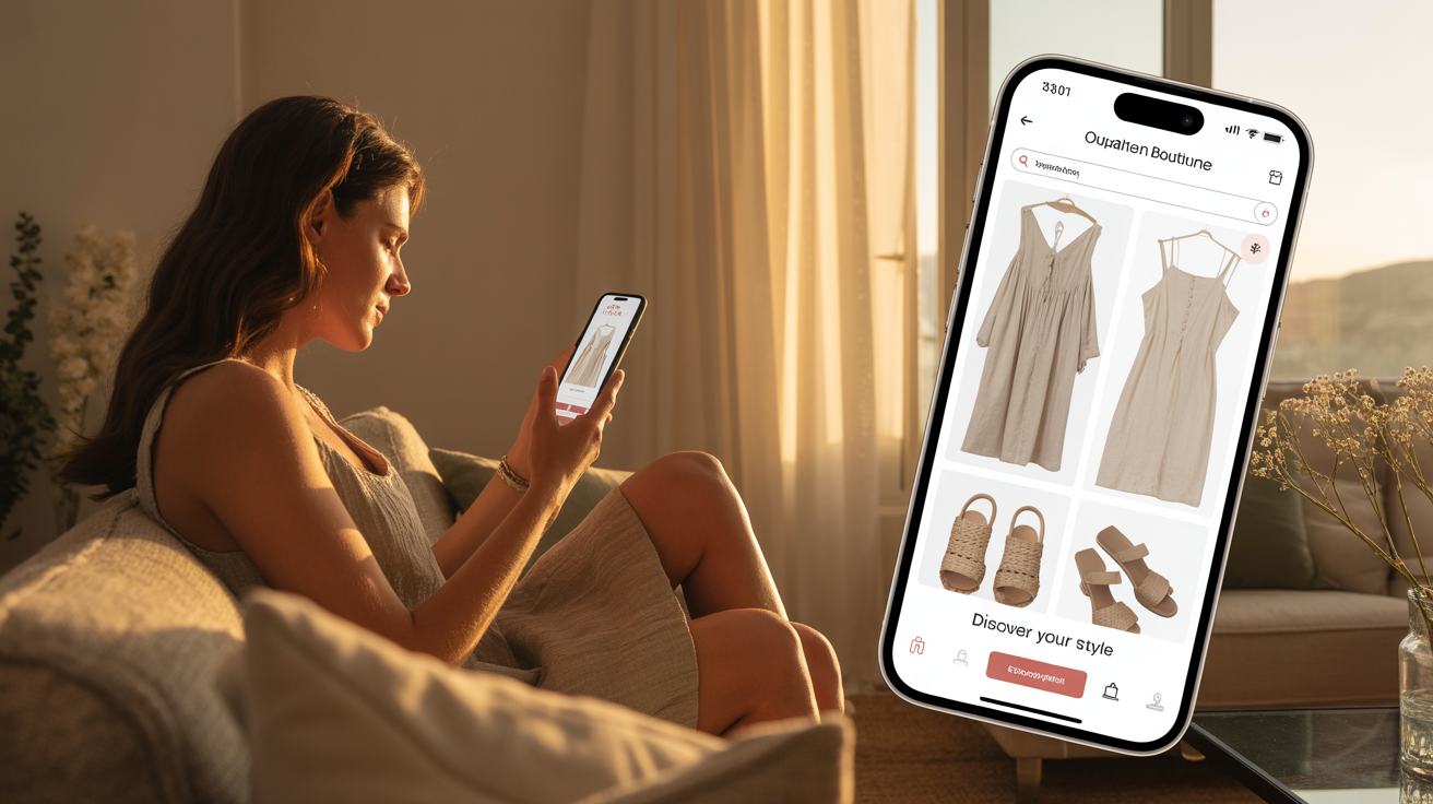Γυναίκα που χρησιμοποιεί το κινητό της για διαδικτυακές αγορές από μπουτίκ.